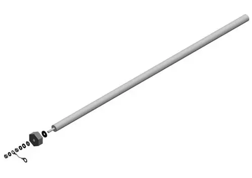 Bosch Anode mit einem langen, geraden Metallstab und mehreren Dichtungen sowie einem Sechskantverschluss an einem Ende.